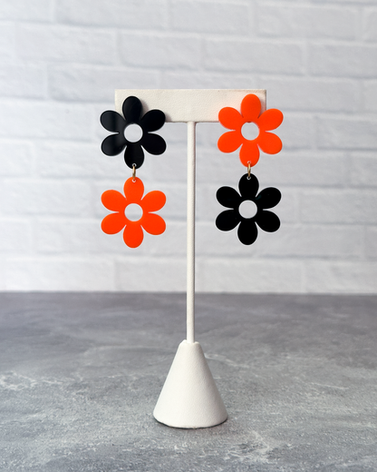 Orange & Black Flower Drop Earrings